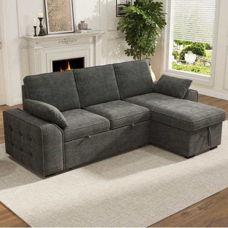 Canapé d’angle 3 places en chenille 237x141x86 cm, canapé convertible avec rangement, USB, gris (1/5)