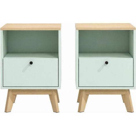 Set di 2 comodini con cassetto e vano a giorno, MDF, verde chiaro ed effetto rovere (1/5)