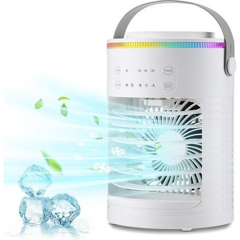 Ventilador de aire acondicionado portátil, enfriador de aire con luz ambiental de colores, 6 velocidades y tres velocidades con temporizador, adecuado para dormitorio, oficina, coche (blanco) (1/5)
