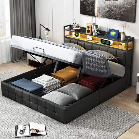 lit coffre 160x200, lit 160x200, lit adulte avec recharge USB, Lit capitonné, tète de lit de rangement éclairée LED réglable, lit rembourré, sommier à lattes enbois massif, PU,Noir (1/5)
