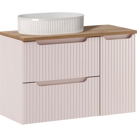 90 cm breiter Waschtisch mit Einzelwaschbecken und 3 Schubladen, Modell „Riva“, in den Farben Kaschmir und Holz (1/5)