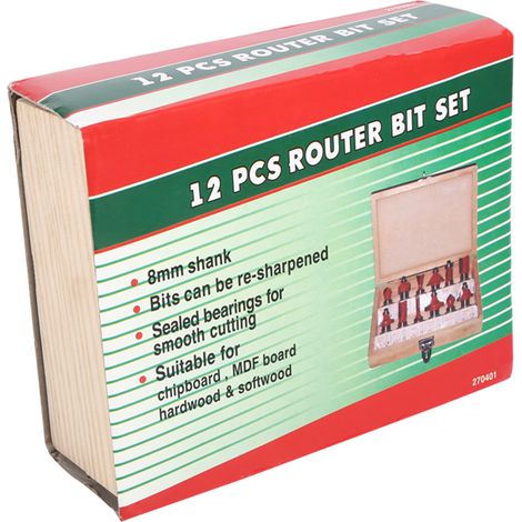 Coffret de 12 fraises à bois en carbure cémenté, queue de 8 mm, dans un coffret en bois. (1/5)