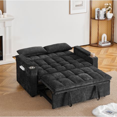 Sofá cama 3 en 1 de 142 cm con reposabrazos, portavasos y almacenaje, negro, OKWISH (1/5)