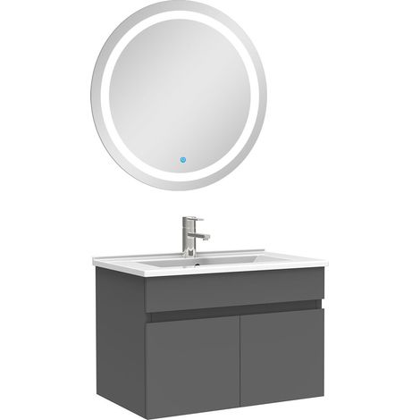 Ensemble meubles Salle de Bain simple vasque 60cm + rond miroir lumineux Anthracite