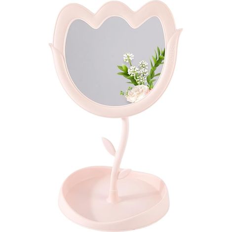 Espejo de maquillaje rosa con forma de flor, ideal para tocador u oficina, espejo de escritorio ajustable para decoración de dormitorio o baño, 15,6 x 16 x 31 cm. (1/5)