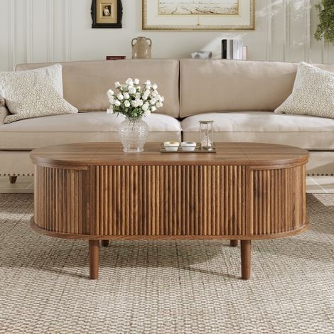 Table basse relevable ovale avec rangement à couvercles rabattables, en MDF, noyer, 100x48x53,5 cm (1/5)