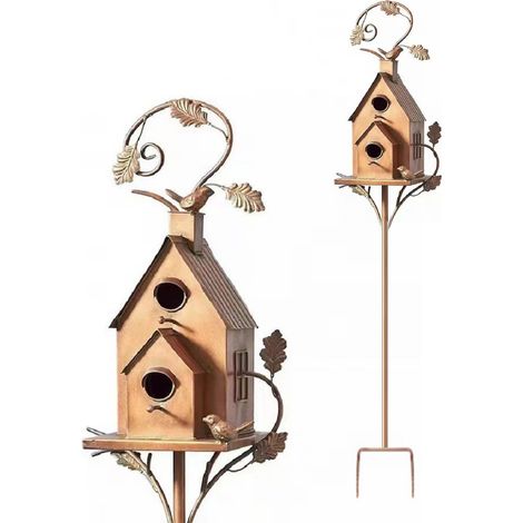 Casetta per uccelli in metallo per esterni, con palo decorativo, paletto da giardino, decorazione per terrazzo. (1/5)