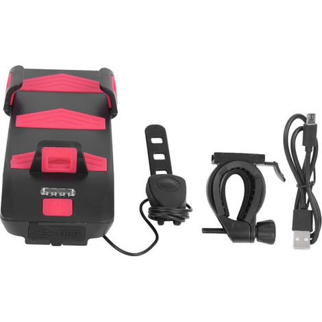 Support de téléphone vélo FH‑5501 avec phare, klaxon et chargeur - Accessoire cycliste 4 en 1 noir et rose (1/5)