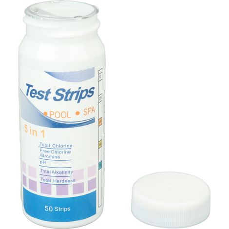 50 bandelettes de test pour piscine 5 en 1 : qualité de l’eau (pH, chlore, alcalinité totale, absence de chlore). (1/5)