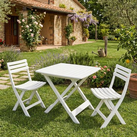 Dmora Conjunto de exterior compuesto por: 2 sillas y 1 mesa, Made in Italy, color blanco, con embalaje reforzado (1/3)