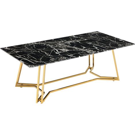 Table basse de salon en verre trempé aspect marbre noir et structure dorée 110x60 cm - PANGIVO (1/5)