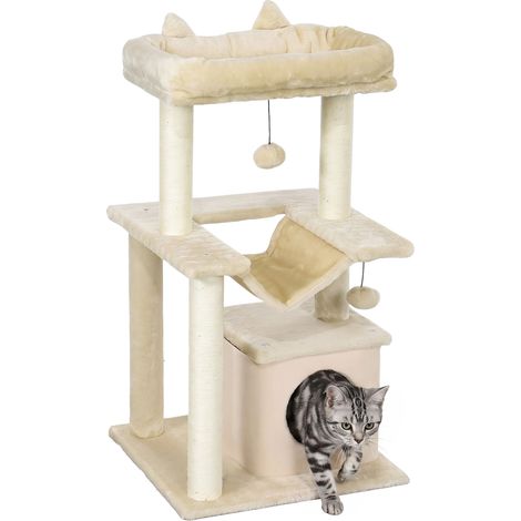 Katzenbaum, Kratzbaum mit Spielzeug, Sitzstange, Hängematte, 48 x 48 x 90 cm, Creme (1/5)