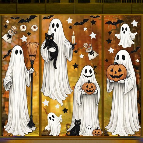 Pegatinas de Halloween para ventanas, gran formato 30x92 cm, 4 hojas de pegatinas de fantasmas reutilizables de doble cara, pegatinas de Halloween removibles - Decoración para fiestas de Halloween y c (1/5)