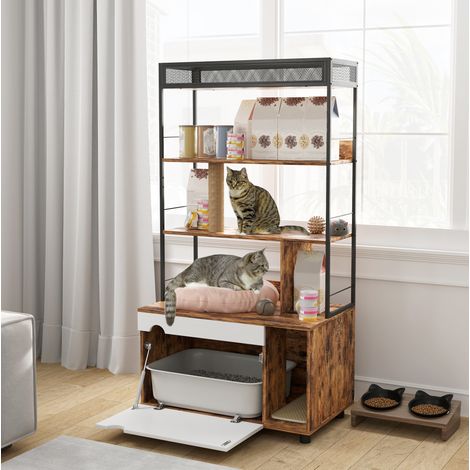 Armario para arenero de gato 2 en 1 con estantería de 3 niveles y poste rascador, marrón OKMYHOME (1/5)