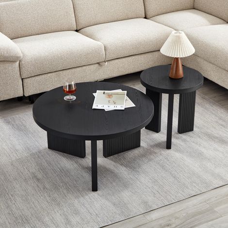 Tavolini da Salotto Rotondi Moderni, Set di 2 con Gambe Scanalate, per Soggiorno, Camera e Ufficio, MDF Nero (1/5)