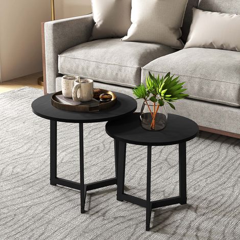 Moderner Couchtisch als 2er-Set, Metallrahmen, MDF, Rundes Design, ineinander verschiebbar, Schwarz (1/5)