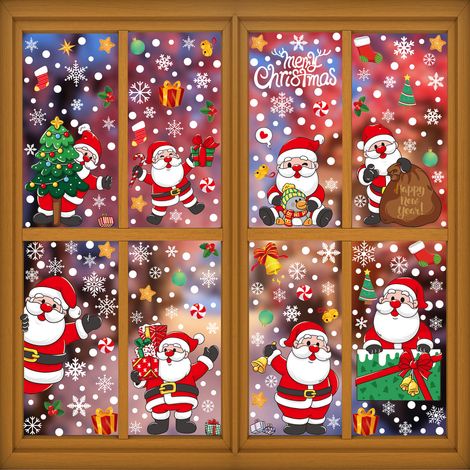 Décorations de Noël, cadeaux Père Noël et bonhomme de neige, autocollants statiques pour chambres, salons et vitrines - [Huit combinaisons] 414-421 -