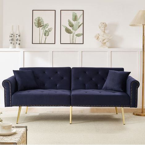 Canapé convertible 2 places en velours bleu antique, dossier réglable 3 positions, couchage 147x85 cm (1/5)