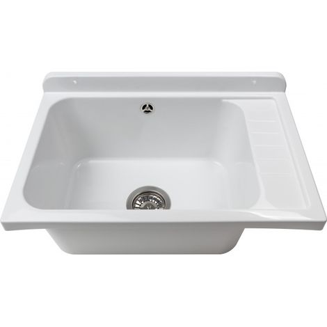 Évier mural 58x38 cm avec égouttoir – Blanc – Profond et résistant aux UV – Idéal pour une utilisation extérieure – Kit de montage – Negrari (1/5)