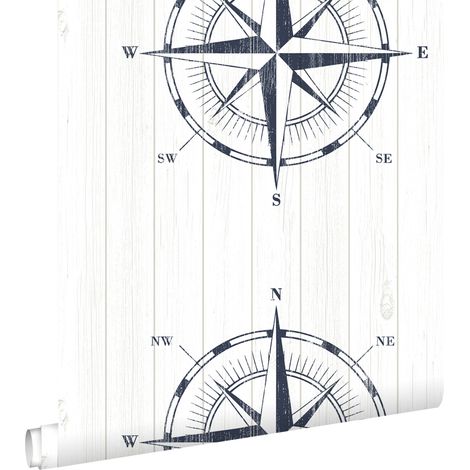 papier peint rose des vents sur du bois de rebut bleu foncé et blanc  - ESTAhome