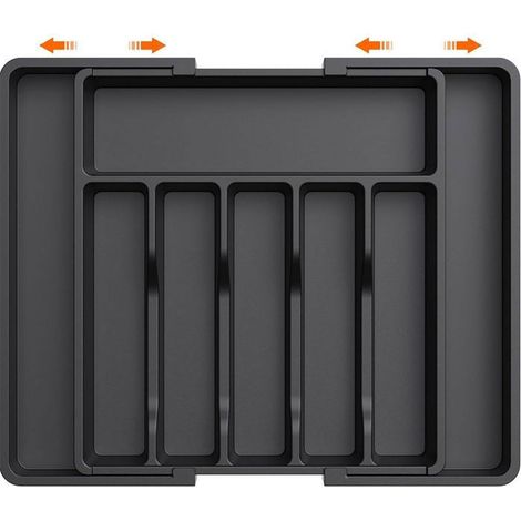 Range Couverts Extensible,Support de Rangement pour Couverts, Cuillères, Fourchettes, Couteaux,8 compartiments,Noir (1/4)