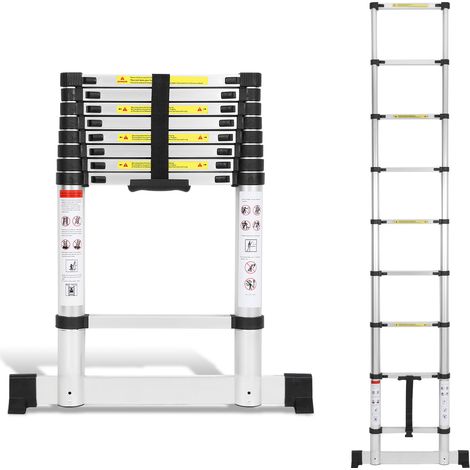 TolleTour Escalera telescópica de aluminio de 2,6 m, escalera de apoyo recta con estabilizador, con una capacidad de carga de hasta 150 kg