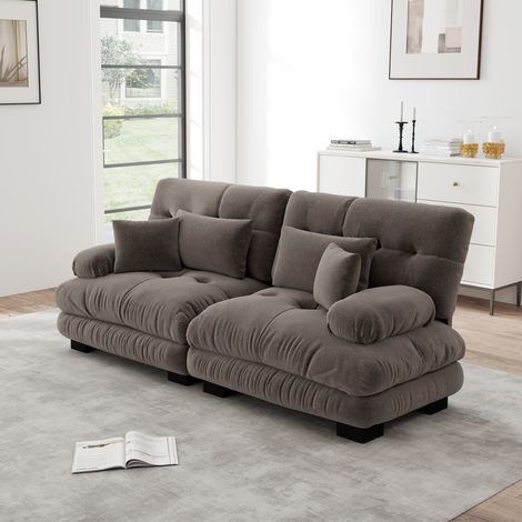 Cloud Ecksofa für Wohnzimmer, Chenille Doppelsofa mit 2 Lendenkissen und 2 Dekokissen, Massivholzrahmen, Chenille Braun