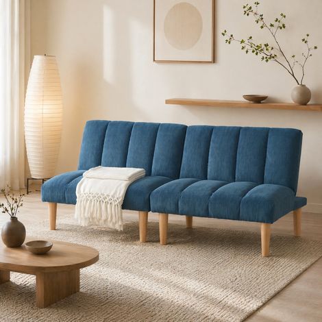 Divano letto 2 posti 167 cm con schienale a 3 posizioni, in velluto a coste blu DESVIAE (1/5)