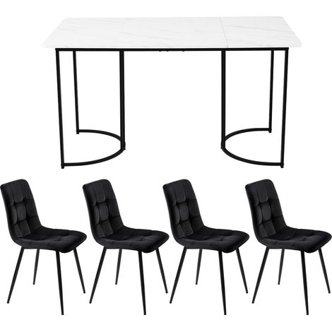Set da pranzo moderno 5 pezzi tavolo 140 x 80 cm con 4 sedie in velluto bianco e nero (1/5)