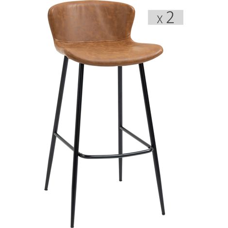 Lot de 2 tabourets de bar vintage marron, assise similicuir 76 cm, dossier design, repose-pieds acier (1/5)