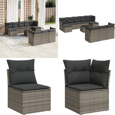 11-tlg. Garten-Sofagarnitur mit Kissen Grau Poly Rattan - Gartenmöbel Set - Rattan Möbel - Outdoor Sofa - Lounge Set - Gartenlounge - Home & Living (1/5)