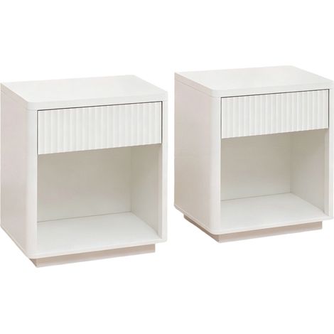 Lot de 2 tables de chevet en bois avec tiroir et étagère ouverte, design moderne à panneaux ondulés, pour chambre et salon (1/5)