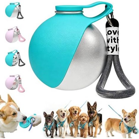 Gourde pour animaux - Gourde portable 2 en 1 pour chiens - Gourde pliable et portable - Boîtier rond en acier inoxydable avec bol en silicone - Joint étanche - 285 ml - Compacte et portable - Bleue (1/5)