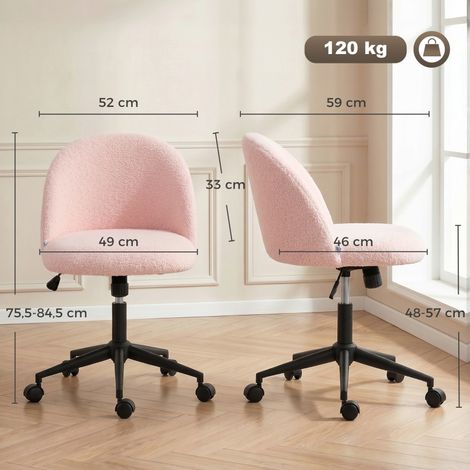 Chaise de bureau pivotante teddy fleece, hauteur réglable avec roulettes, mousse confort moelleuse, pour bureau chambre coiffeuse, rose (1/5)
