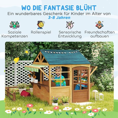 Maisonnette enfant en bois de sapin pliable avec fenêtres et porte, pour enfants 3-8 ans, couleur marron et bleu.