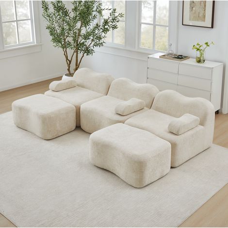 Modulares U-Sofa 3-Sitzer Beige Samt mit 2 Hockern und tiefer Sitzfläche (1/5)