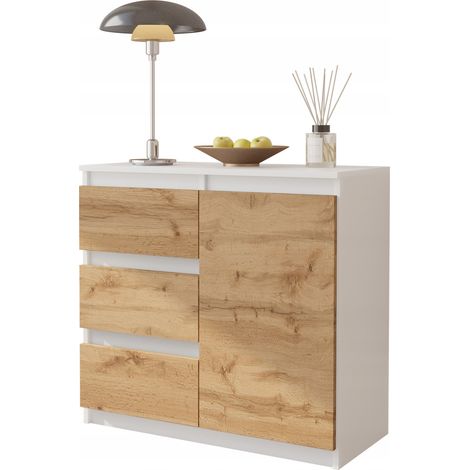 Cassettiera in rovere Wotan bianco opaco, 80 cm, 3 cassetti, 1 anta, 1 ripiano