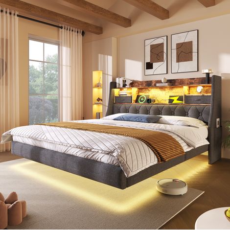 Bett 140x190 cm grau in Leinenoptik mit LED, Kopfteil mit Stauraum und USB/Type-C