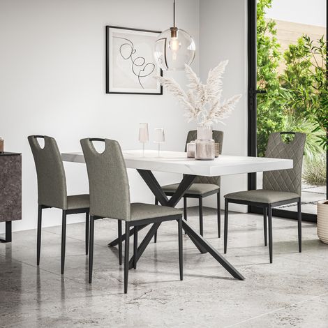 Donni Dining Table And Chairs - White Marble Effect Table Top w Black Legs + Monza Linen Dining Chair Set Of 6 (Grey) (1/5)