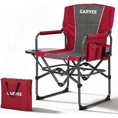 Chaise De Camping Pliante XXL, Dossier Haut, Table Latérale Et Porte-gobelet, Capacité 150 kg, Idéale Pour Pêche, Plage, Rouge