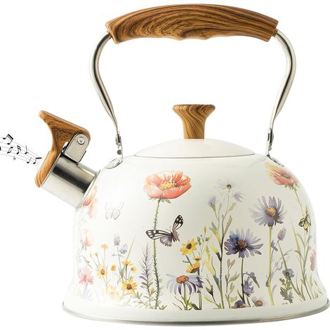 Bouilloire sur cuisinière, bouilloire à thé sifflante en acier inoxydable 3L avec poignée en bois, qualité alimentaire florale, pour tous les types de plaques de cuisson (1/5)