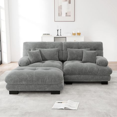 Canapé d'angle en forme de nuage pour salon, canapé deux places en chenille grise avec 2 coussins lombaires et 2 coussins décoratifs, larges accoudoirs et repose-pieds. (1/5)
