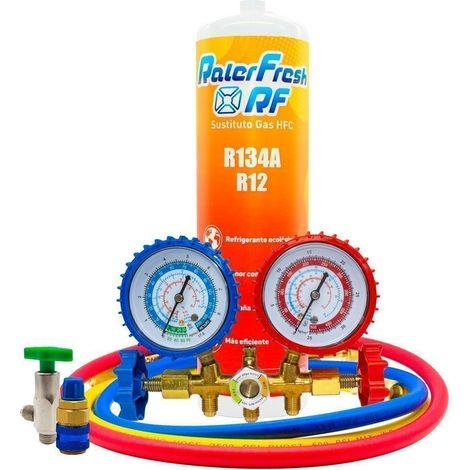 Gas Refrigerante Ralerfresh RF sustituto del gas R12 y R134A mas llave, manometro R134 y conector rapido (1/5)