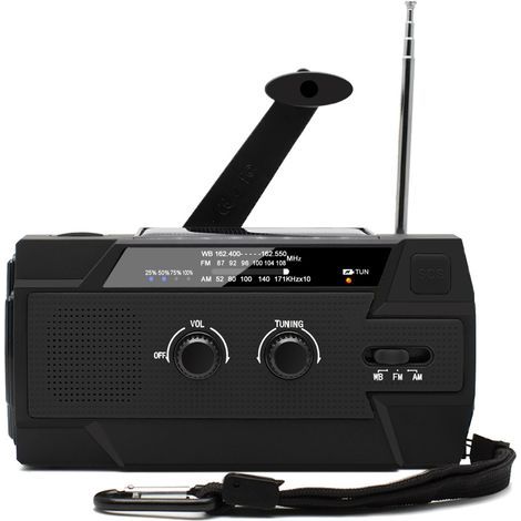 Tragbares Solar-Kurbelradio, wiederaufladbares Dynamo-Radio mit AM/FM/WB, integriertem 4000-mAh-Akku, 4 Modi, LED-Taschenlampe, SOS-Alarm für Notfälle im Freien, Schwarz (1/5)
