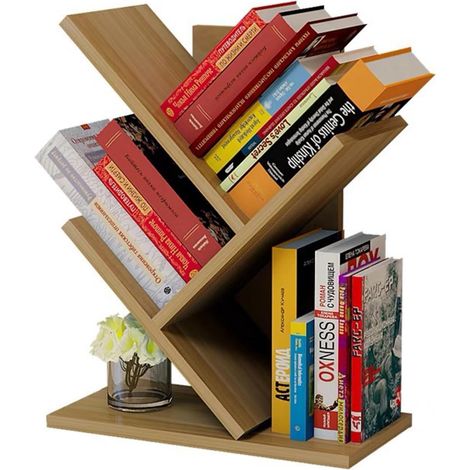 Bibliothèque Arbre - 2 Niveaux - Panneau Arrière Renforcé - Structure Triangulaire Stable - Bois Recyclé - Pour Salon Chambre Bureau Cuisine - 1 Pièce (1/5)