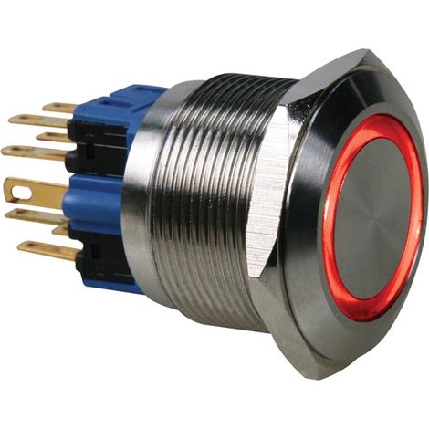 BOUTON-POUSSOIR - PLAT - ACIER INOXYDABLE - DPST 1NO 1NF - ANNEAU ROUGE INFO GAMES R2000R (1/3)