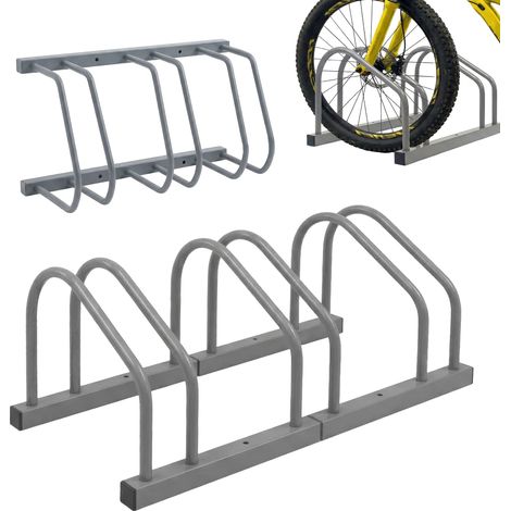 Relaxdays portabici montaggio a pavimento e parete, 3 posti, pneumatici fino a 65 mm, garage e cortile, acciaio, argento