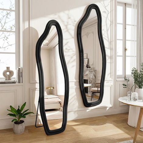 ADWOLT Miroir sur Pied 140x45 cm,Grand Miroir Mural avec cadre en velours,Verre trempé,Design incurvé unique,Noir (1/5)