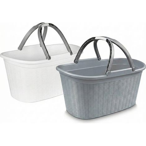 Set 2 Ceste Porta Biancheria 35 Litri Bianco e Grigio Impugnatura Soft Touch 58x38x29.5 cmBucato 35L  in Polipropilene con Manici Ergonomici richiudibili per Lavanderia Salvaspazio Ideali per Dividere