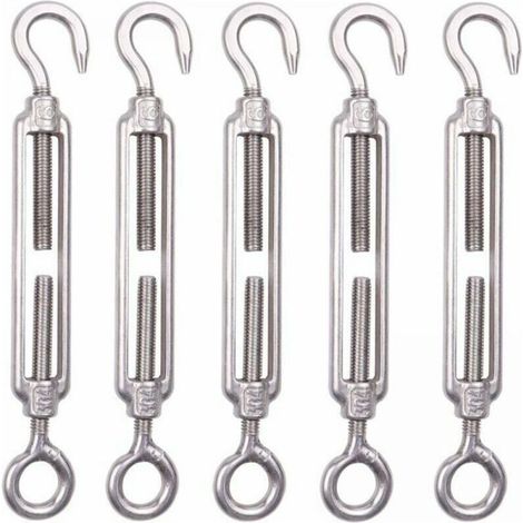 Pack of 5 ,M6 Stainless Steel Cable Tensioner 6mm Fence Tensioner Hook Tensioner 304 Stainless Steel Adjustable Wire Mesh Tensioner for Rope Cable Clothesline Garden Wire Mesh (1/2)